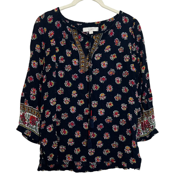 Loft Womens Peasant Blouse Small Navy Blue Floral Crinkle Fabric Tasseled Boho - Picture 1 of 6
